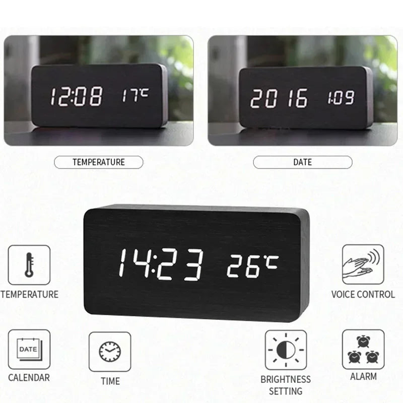 Wooden LED Digital Alarm Clock – wooden finish close-up