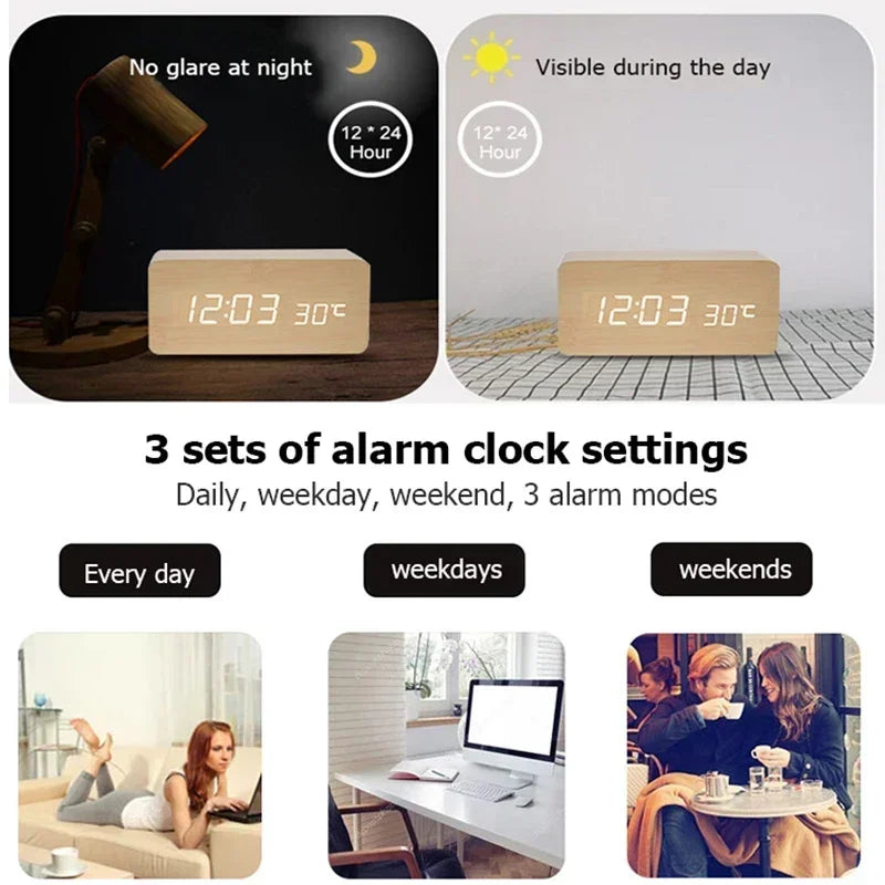 Wooden LED Digital Alarm Clock – bedside placement