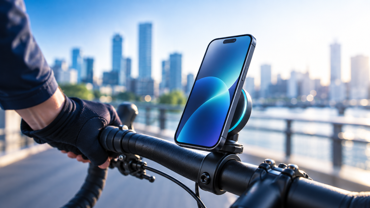 Magnetic phone mount on a bicycle handlebar in an urban setting