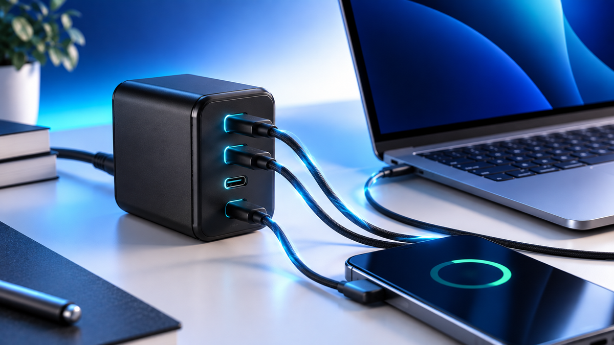 GaN desktop charging station with USB-C cables