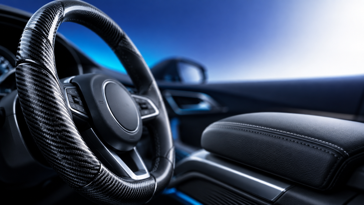 Carbon fiber steering wheel cover in a car interior