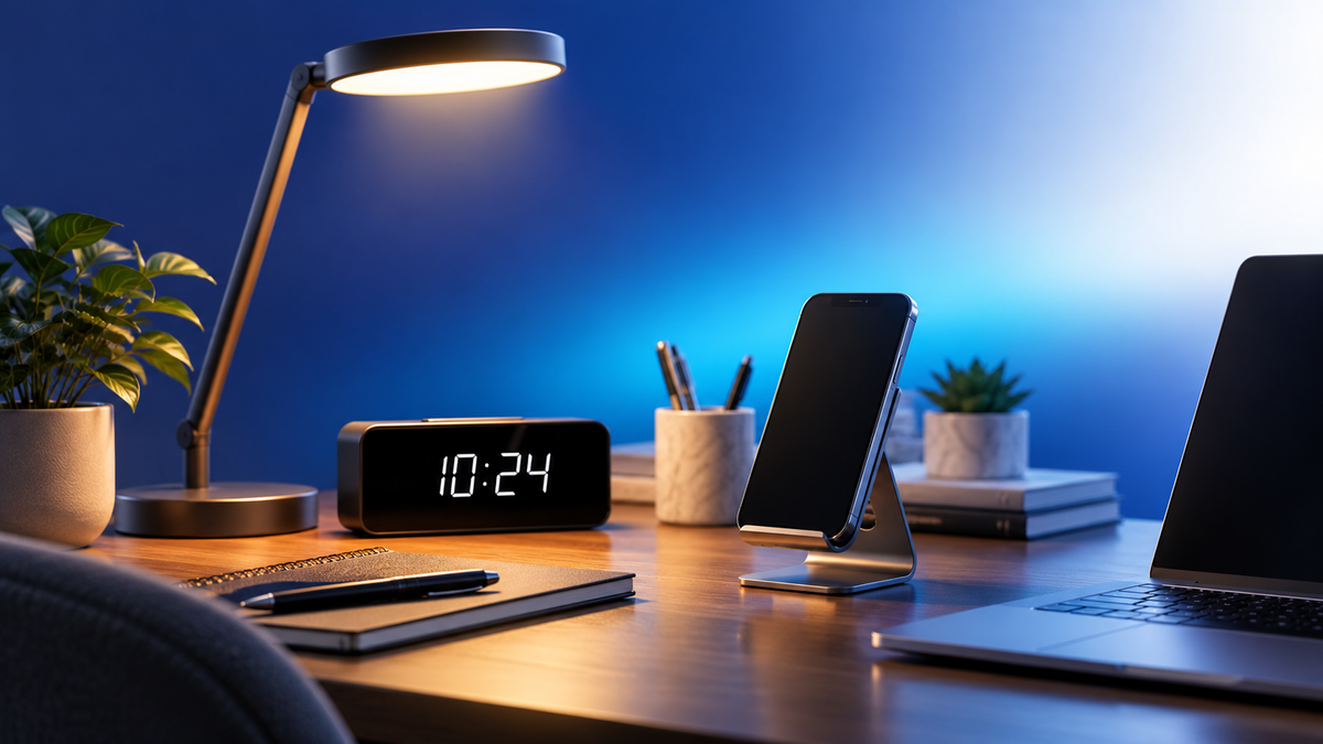 Modern desk setup with LED lamp and digital clock