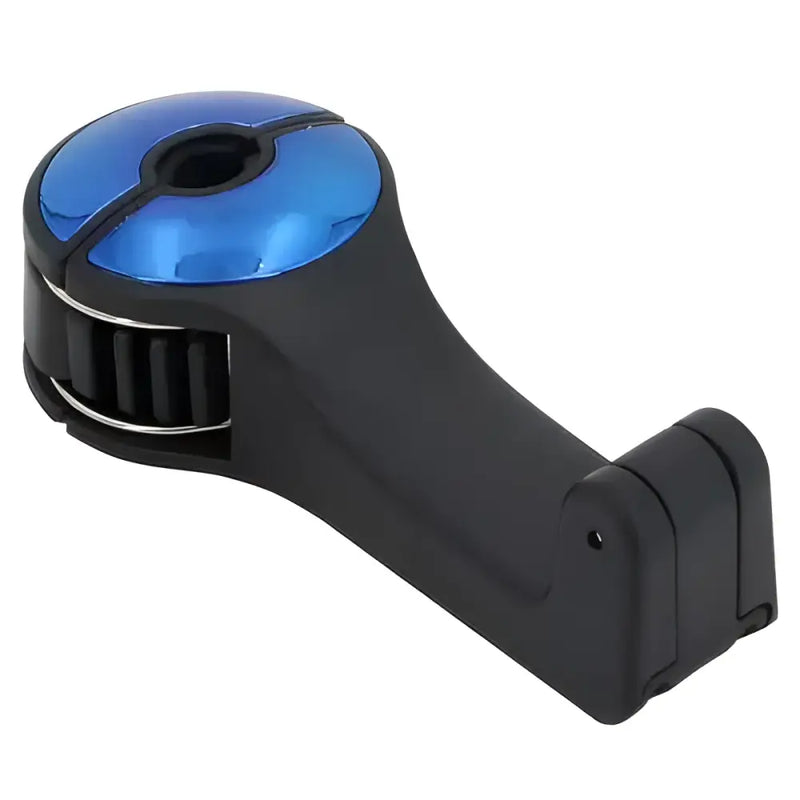 Handheld device with blue top, showcasing a 360° rotatable phone holder for car headrest