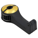 Handheld tape dispenser with gold roll and black body near 360° rotatable phone holder