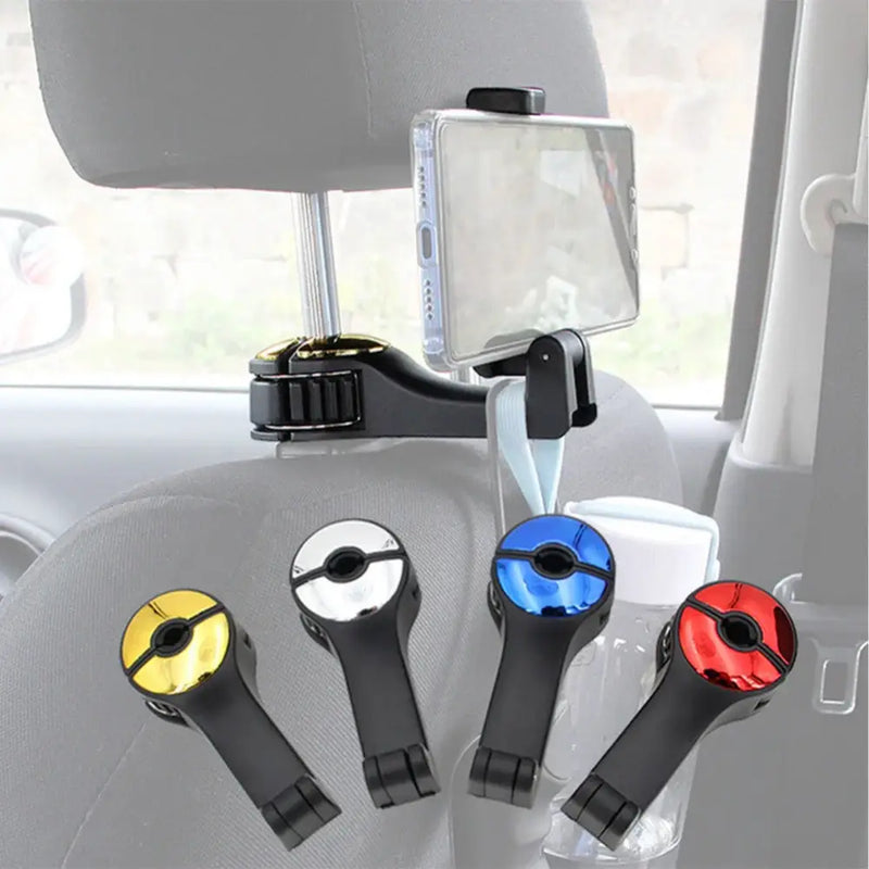 360° Rotatable Phone Holder Hook for Car Headrest with Colorful Hanging Ends