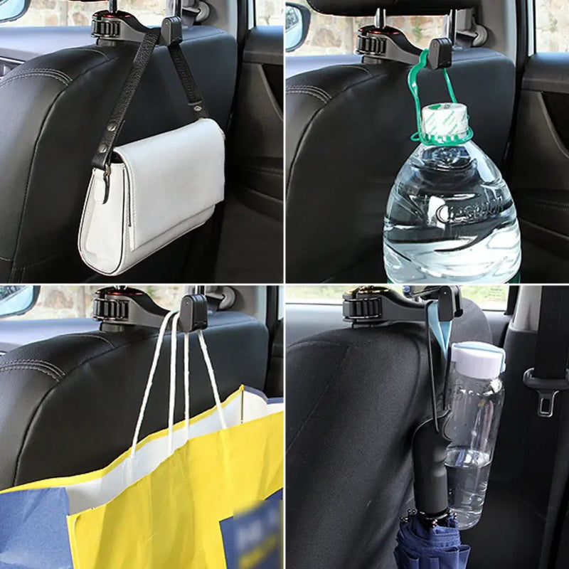 Four-panel collage of items on a 360° rotatable phone holder hook for car headrest