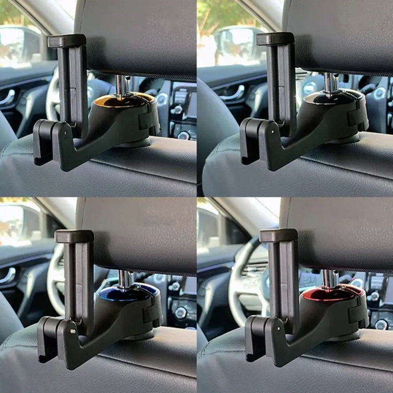 360° Rotatable Phone Holder Hook for Car Headrest holding a cup of coffee