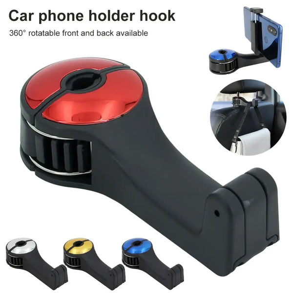 Rotatable car phone holder with a hook design in red and black for convenient use