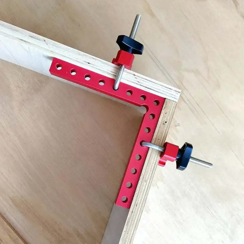 90 Degree Angle Clamp with Red Bracket for Precise Woodworking Connections