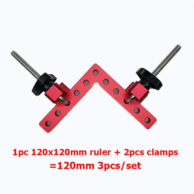 Red L-shaped angle clamp with adjustable clamps for precise woodworking joints