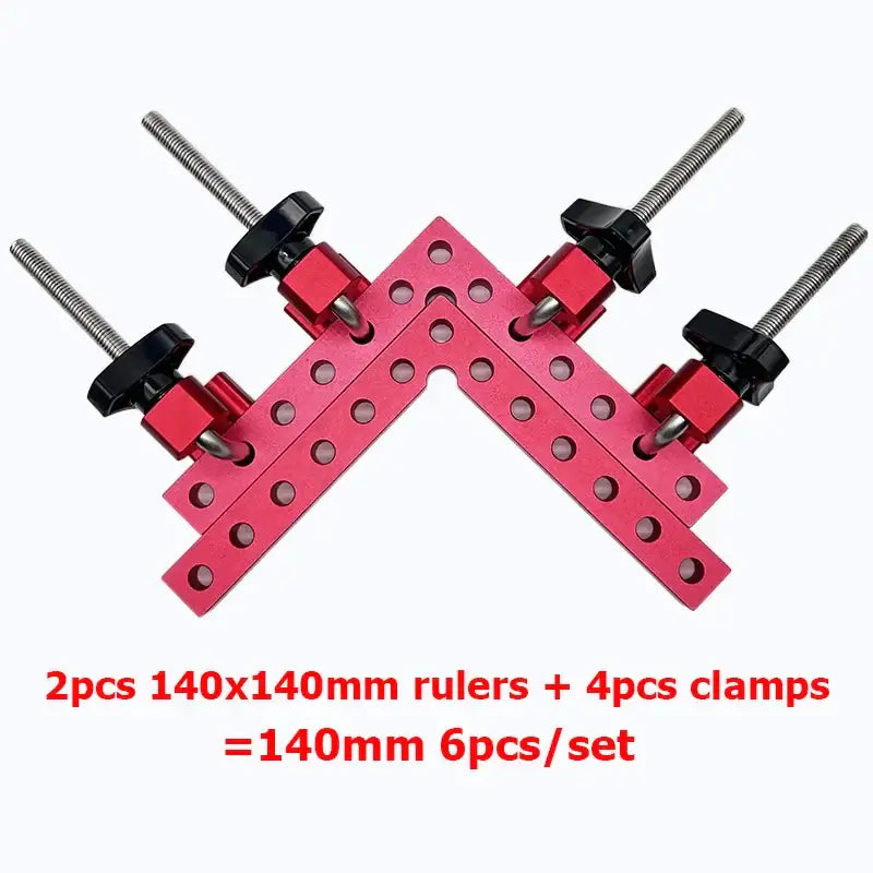 Red L-shaped ruler with holes and clamps for precise angle clamp positioning