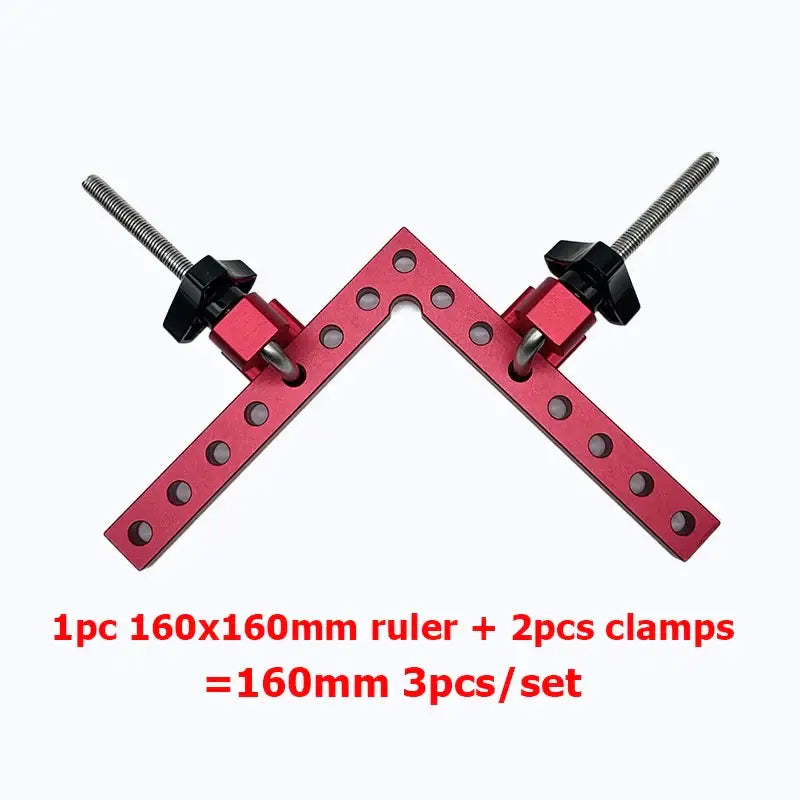 Red L-shaped angle clamp with holes and clamps for precise woodworking connections