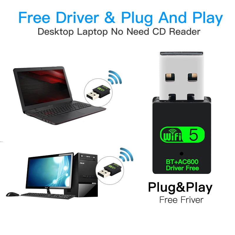 600Mbps USB WiFi Bluetooth 5.0 Adapter 2in1 Dongle Dual Band 2.4G&5GHz USB WiFi 5 Network Wireless Wlan Receiver DRIVER FREE