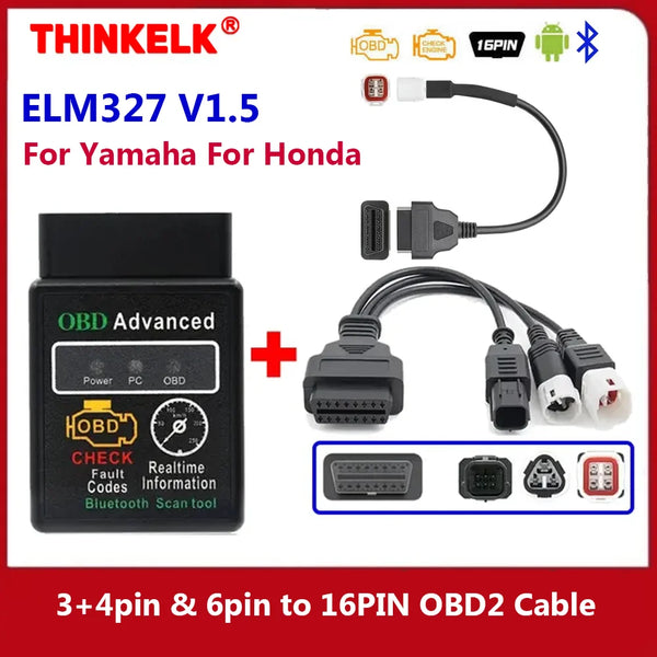 ELM327 V1.5 for Yamaha for Honda EFI Motorcycle Diagnostic Tool 3+4pin & 6pin to 16PIN OBD2 Cable Scanner Fault DiagnosisTool