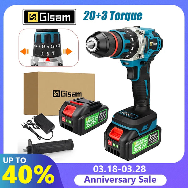 Gisam 480 N.M Electric Impact Drill Screwdriver Rotary Hammer Brushless Drill for Makita 18V Battery 3 In 1 Handled Power Tool