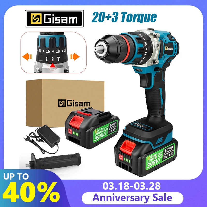 Gisam 480 N.M Electric Impact Drill Screwdriver Rotary Hammer Brushless Drill