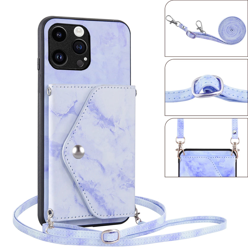 Phone Case For Apple iPhone 15 Plus 15 Pro 15Plus 15 Pro Max 15Pro 15ProMax Wallet Cover Crossbody Strap Marble Card Holder Cell