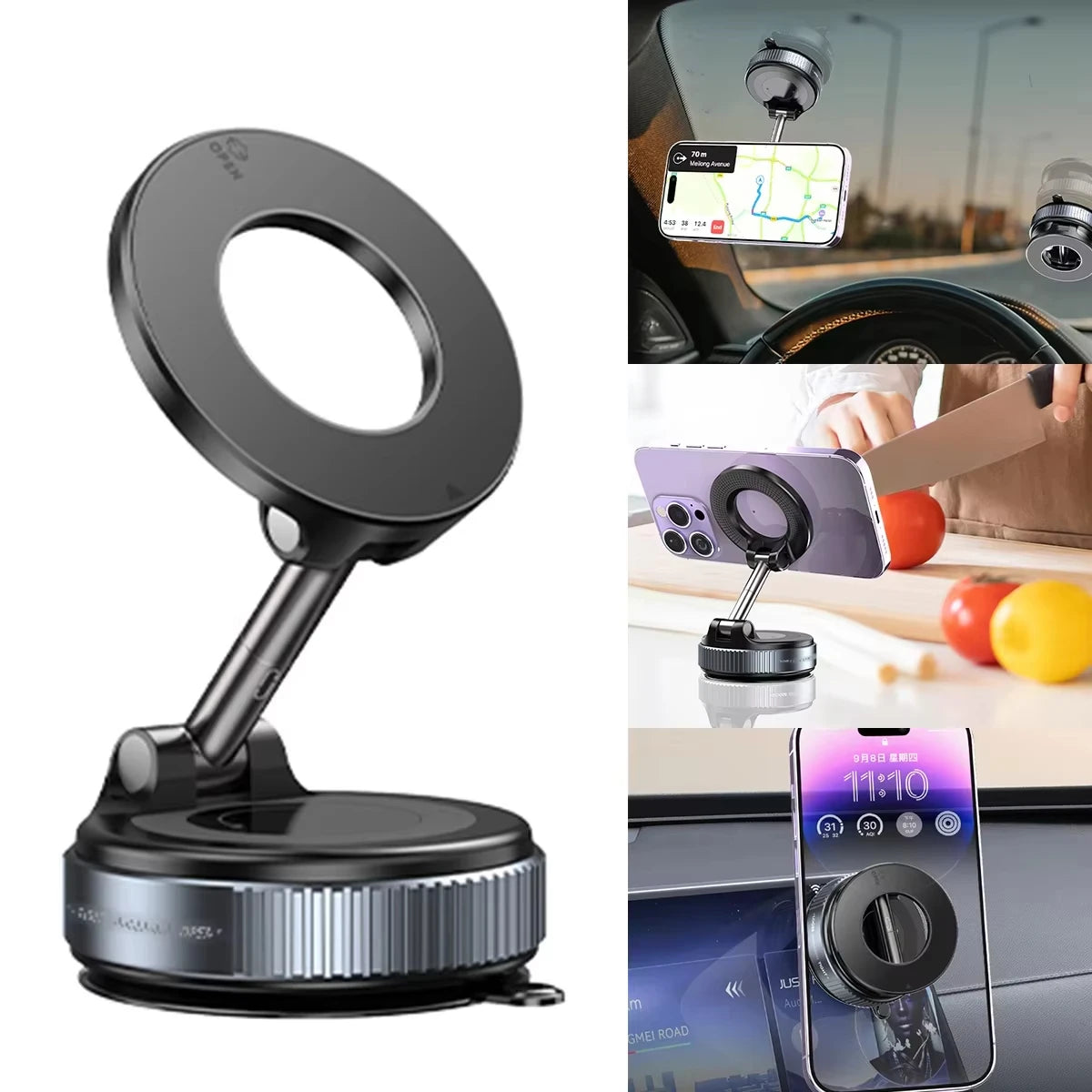 360° Rotating Magnetic Desktop Phone Stand – phone attached angled