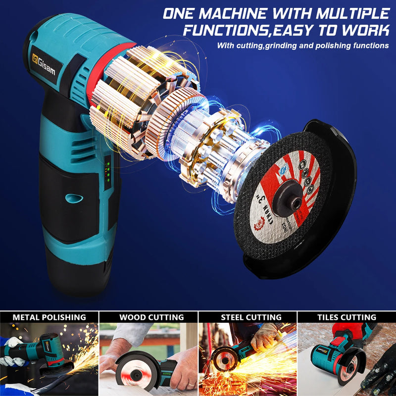 12V Brushless Electric Angle Grinder Electric Grinding Cutter Rechargeable Polishing Machine Cutting Power Tools 2000MAH Battery