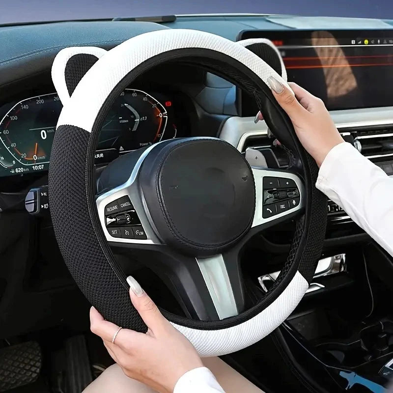 Cartoon Cat Ears Steering Wheel Cover – cover installed on wheel