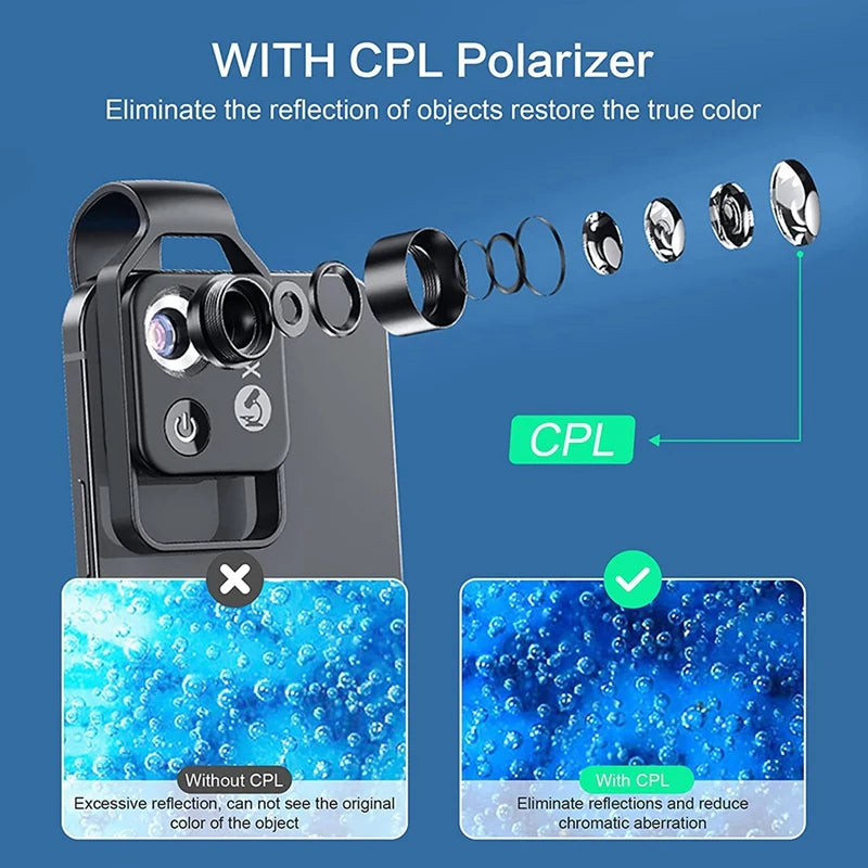 200X Cell Phone Microscope Accessory With CPL Lens, Portable Mini Digital Microscope With LED Light/Universal Clip