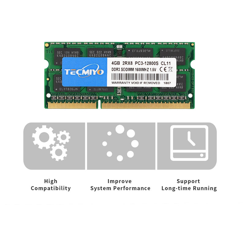 TECMIYO Laptop Memory RAM DDR3 DDR3L 8GB 4GB 1600MHz 1333MHz SODIMM 1.35V 1.5V PC3/PC3L-12800S PC3-10600S Non-ECC 1PCS - Green