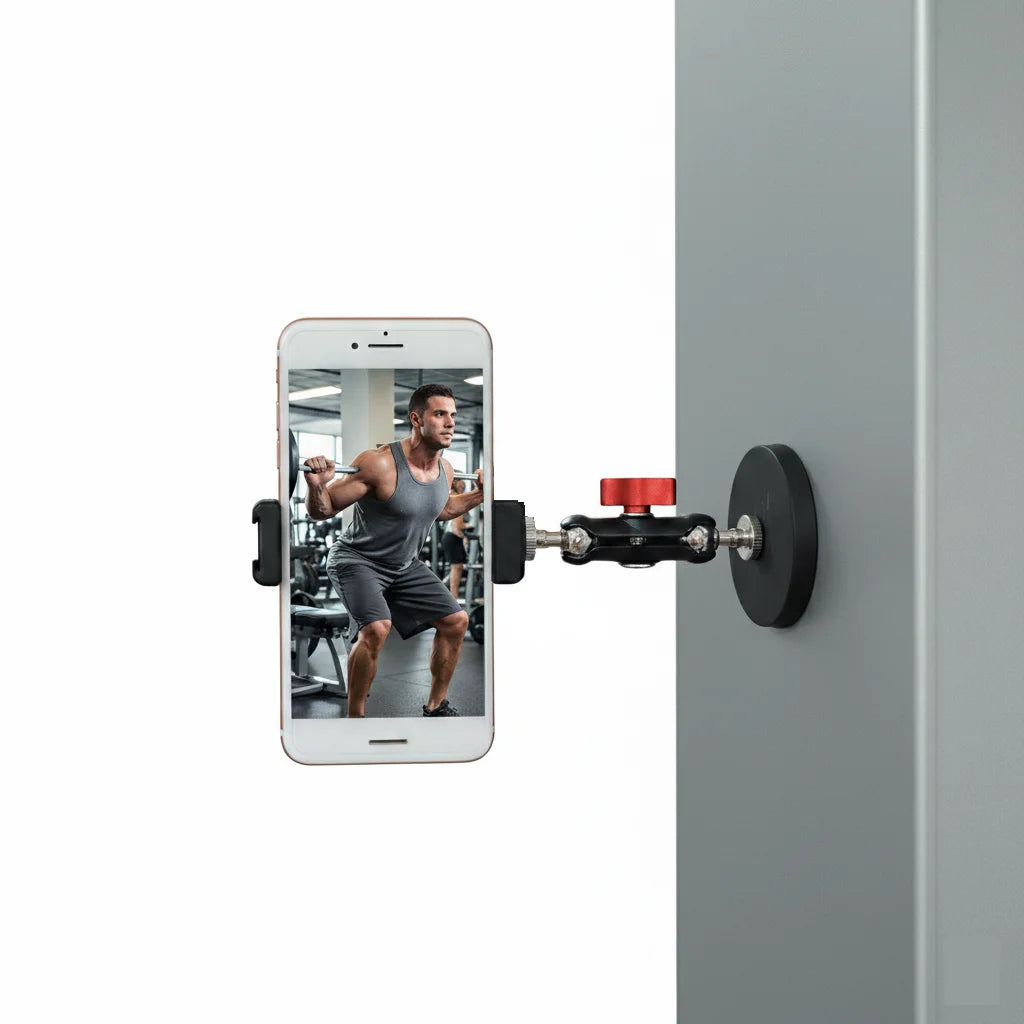 Magnetic Gym Tripod Phone Holder – mounted on gym equipment