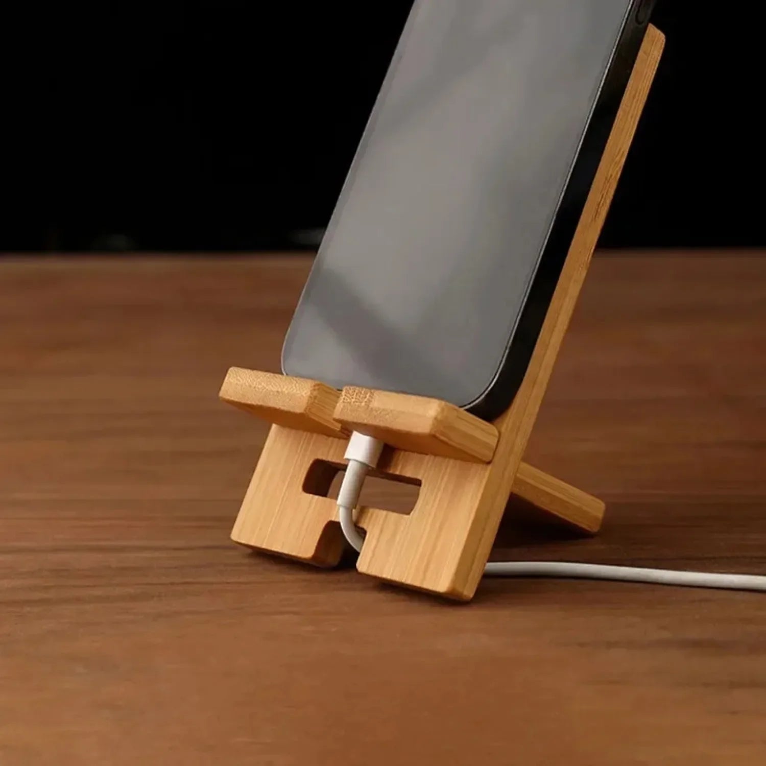 Bamboo Wireless Charging Phone Stand – phone charging angled