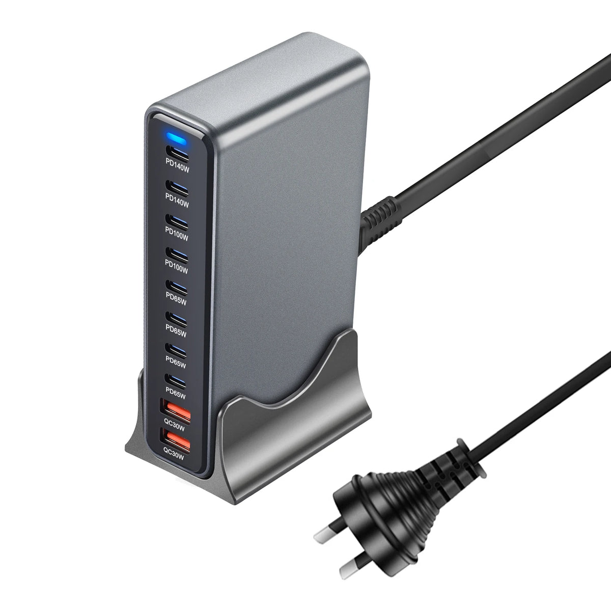 800W 10-Port GaN Desktop Charger – ten ports close-up