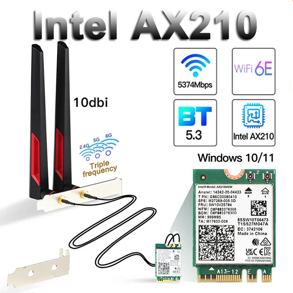 Intel AX210 WiFi Card 5374Mbps Bluetooth 5.3 Wi-Fi 6E Adapter 2 In 1 Desktop Kit 10DBi Antennas 802.11ax 2.4G/5Ghz/6Ghz For PC