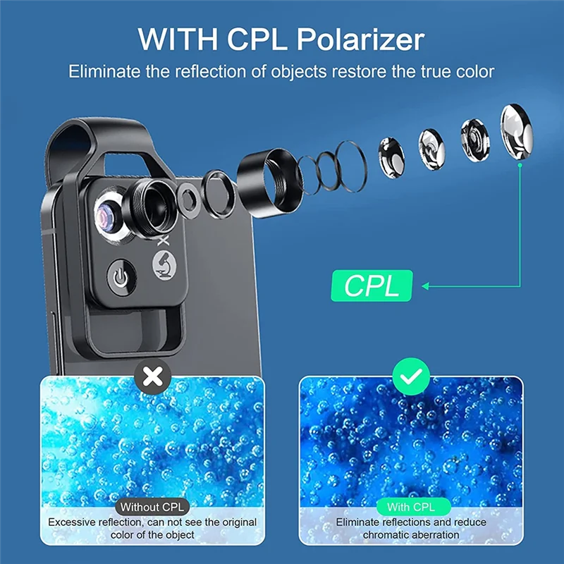 200X Cell Phone Microscope Accessory with CPL Lens, Portable Mini Digital Microscope with LED Light/Universal Clip