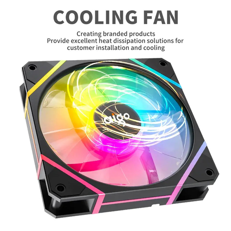 Colorful RGB Aigo AM12PRO RGB fan with illuminated blades for enhanced PC cooling