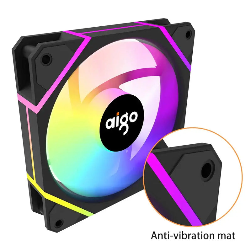 Aigo AM12PRO RGB Fan showcasing RGB lighting and anti-vibration mat for optimal cooling