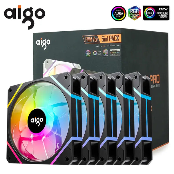 Aigo AM12PRO RGB Fan retail box showcasing vibrant RGB computer cooling fans