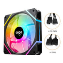 Aigo AM12PRO RGB fan showcasing colorful LED lighting and connector cables for PC cooling