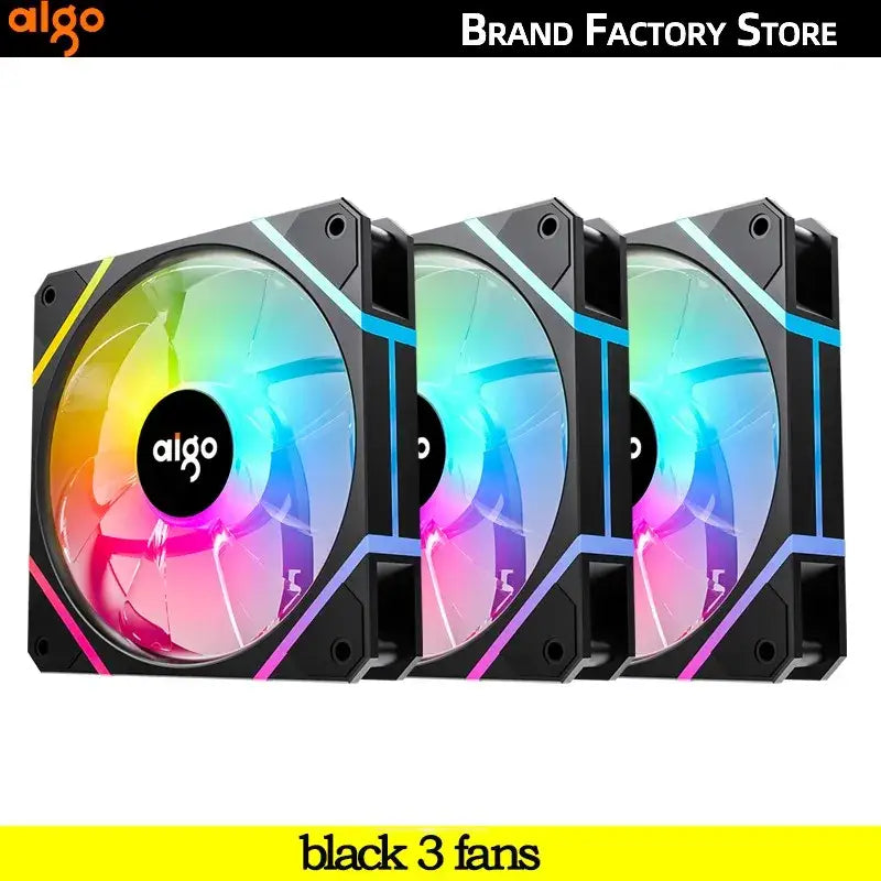 Three Aigo AM12PRO RGB fans showcasing vibrant LED lighting for optimal cooling