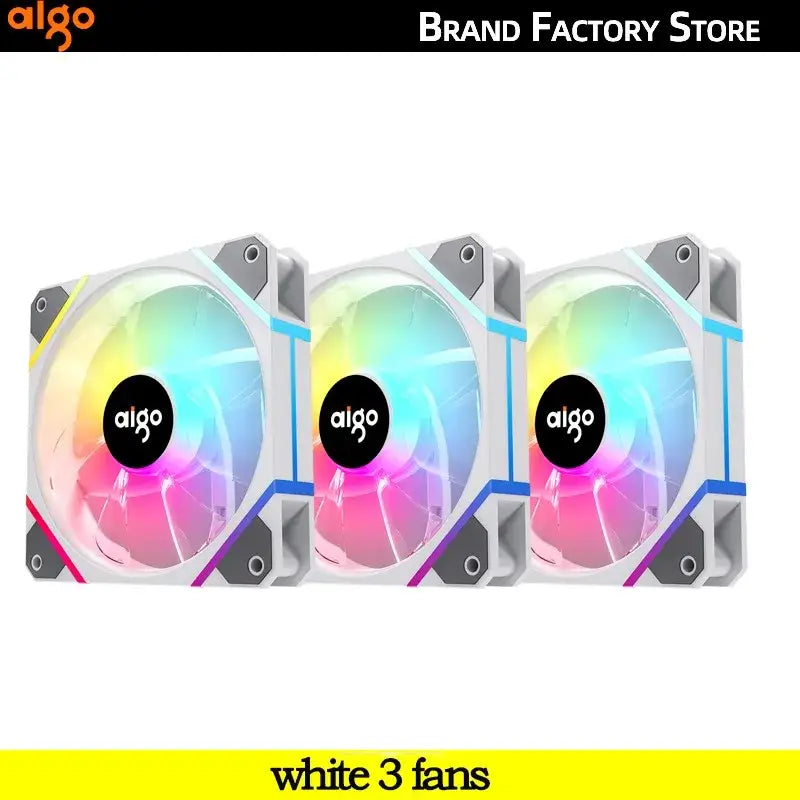 Three Aigo AM12PRO RGB fans featuring vibrant RGB lighting for improved PC cooling