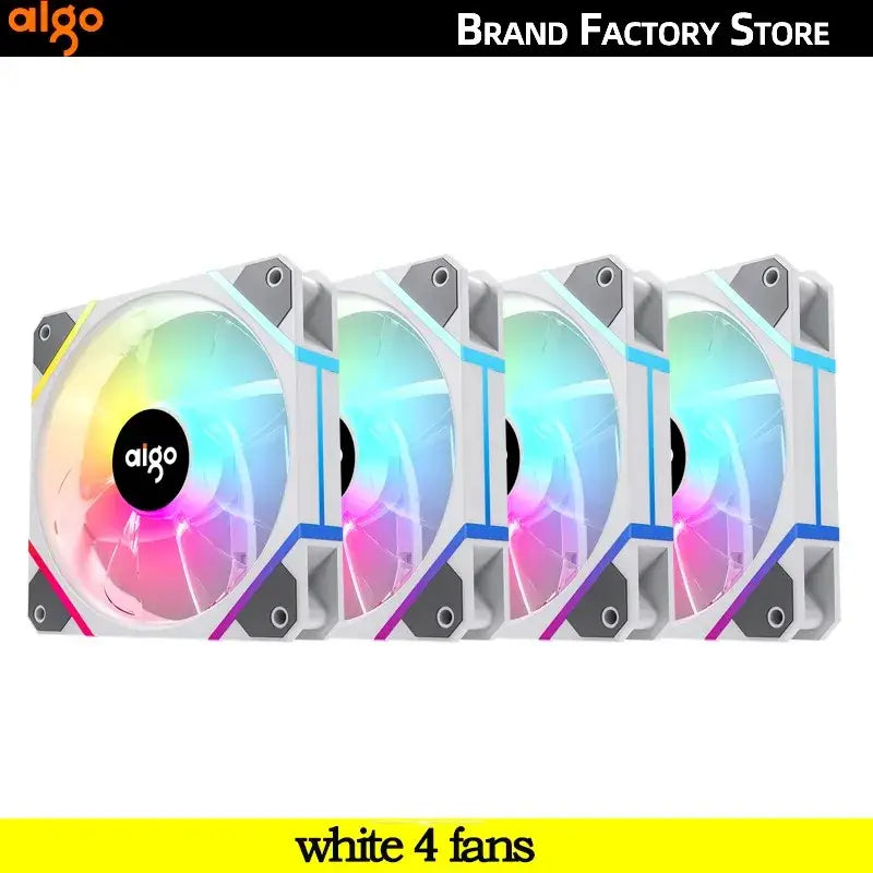 Four Aigo AM12PRO RGB fans with vibrant lighting for optimal PC cooling and aesthetics