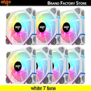 Set of seven Aigo AM12PRO RGB fans showcasing vibrant colors for optimal PC cooling