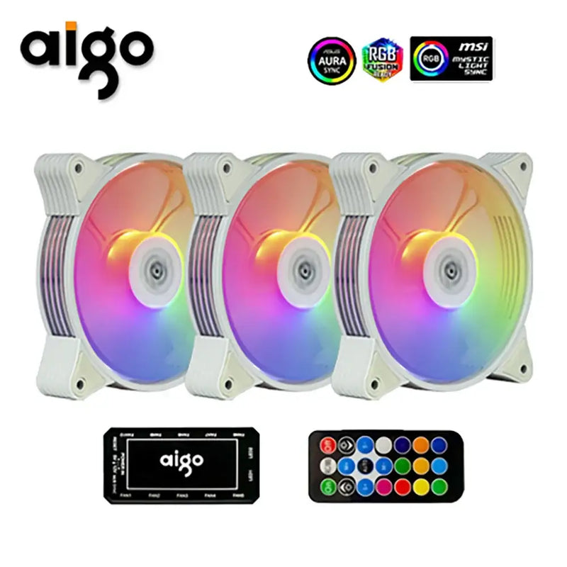 Three Aigo AR12 120mm RGB cooling fans with controller and remote for enhanced cooling performance