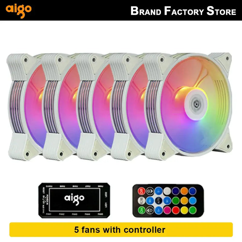 Set of five Aigo AR12 120mm RGB fans with controller for enhanced cooling performance