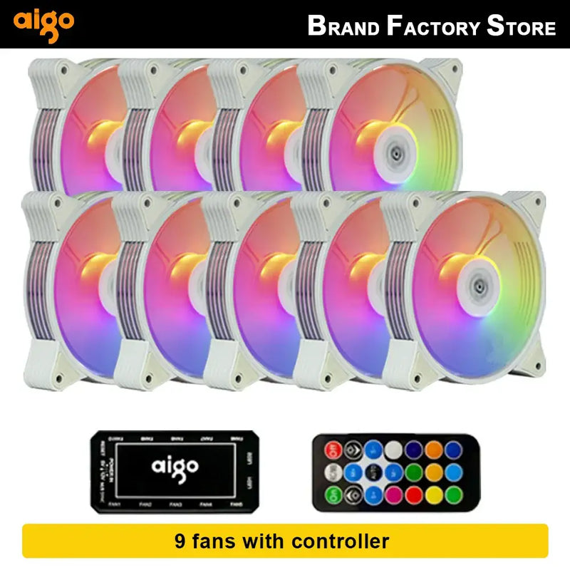 Set of nine RGB Aigo AR12 120mm fans with controller for enhanced cooling performance