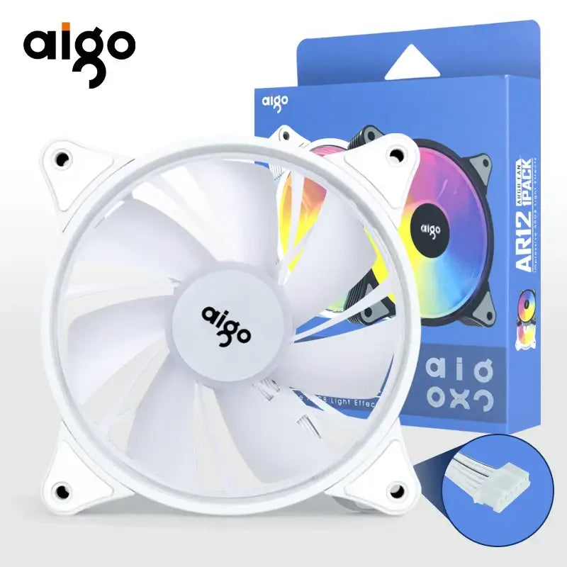 Aigo AR12 120mm Computer Case Fan with white blades and colorful packaging for cooling performance