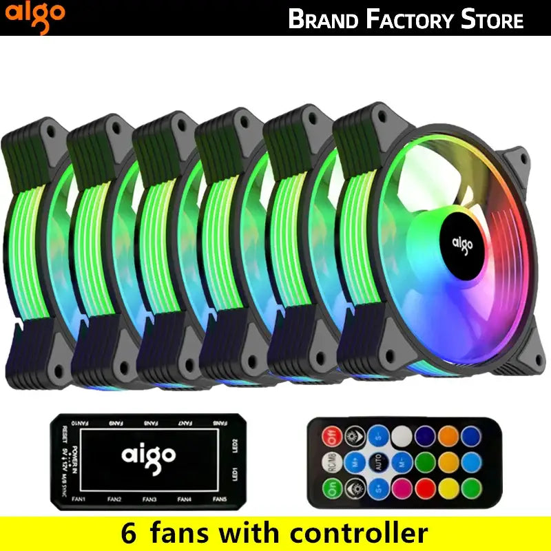 Set of six Aigo AR12 120mm RGB computer cooling fans with remote controller for enhanced cooling performance