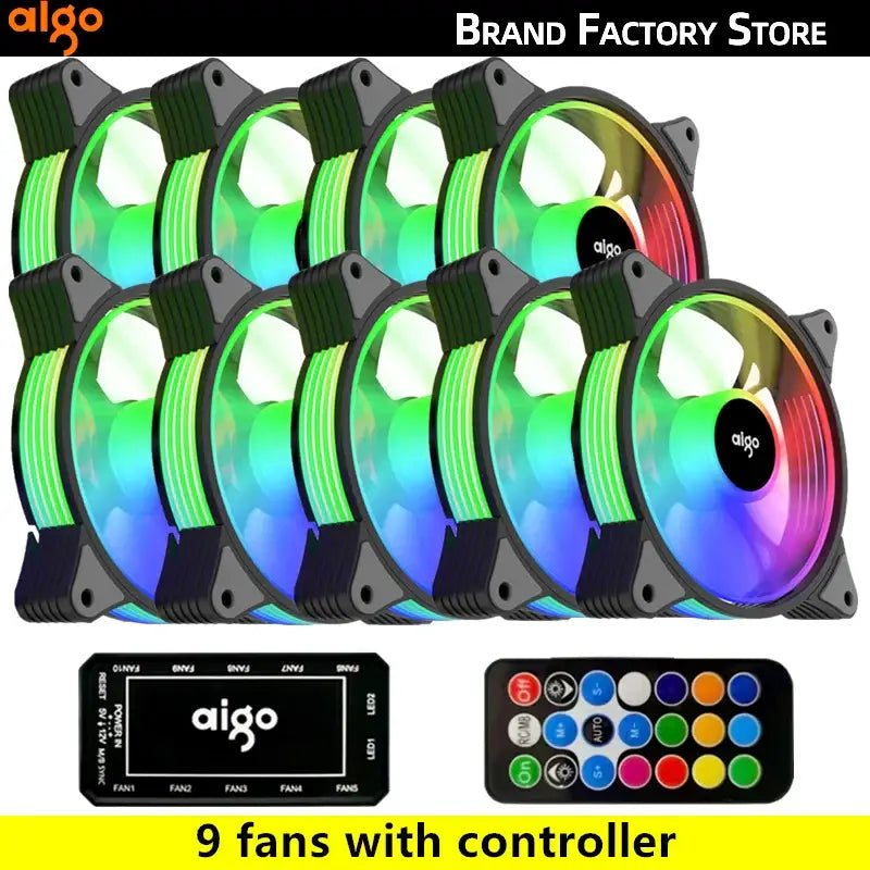 Set of nine Aigo AR12 120mm RGB cooling fans enhancing cooling performance with controller