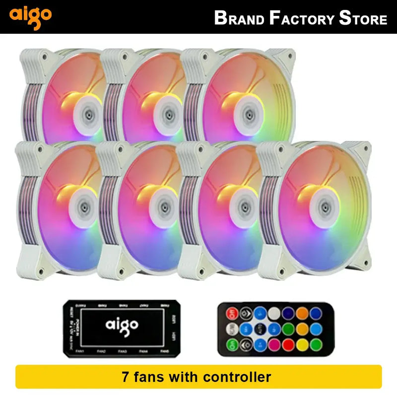 Set of seven Aigo AR12 120mm cooling fans showcasing enhanced cooling performance