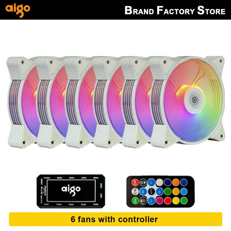 Set of six Aigo AR12 120mm RGB fans showcasing cooling performance and power interface