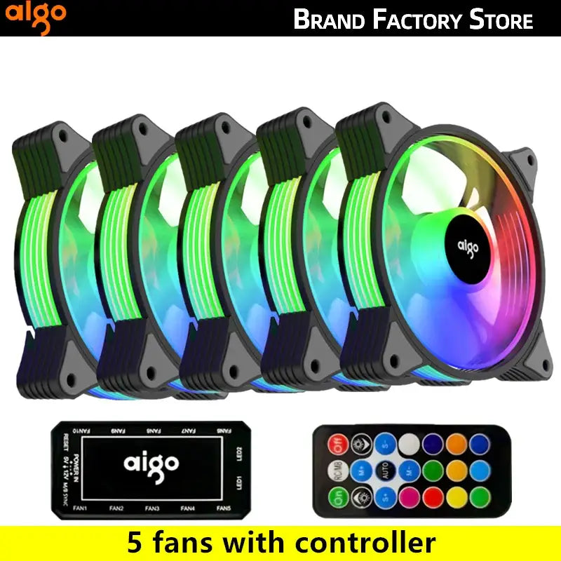 Set of five Aigo AR12 120mm RGB fans with remote for enhanced cooling performance