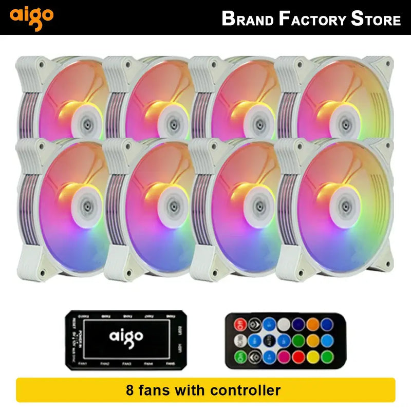 Set of eight Aigo AR12 120mm computer cooling fans with RGB lighting for enhanced cooling performance