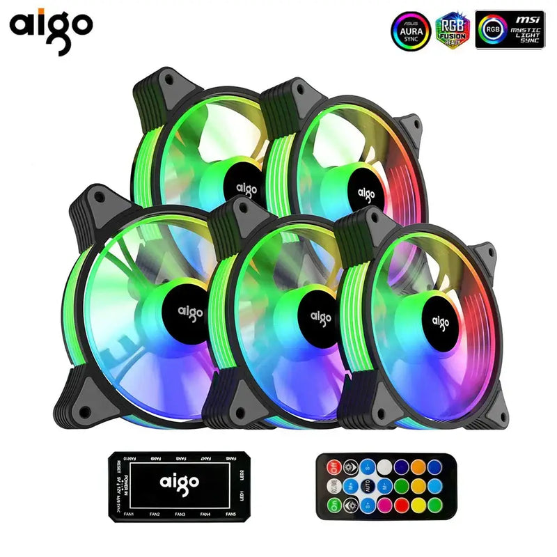 Set of five Aigo AR12 120mm RGB fans with remote for enhanced cooling performance